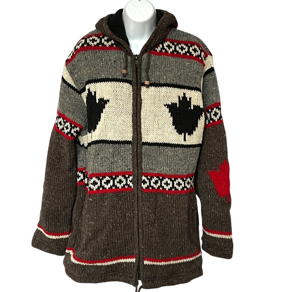 NEPAL HAND Knit Sweater Jacket 100% Wool Maple Leaf Canada Size XXL runs small